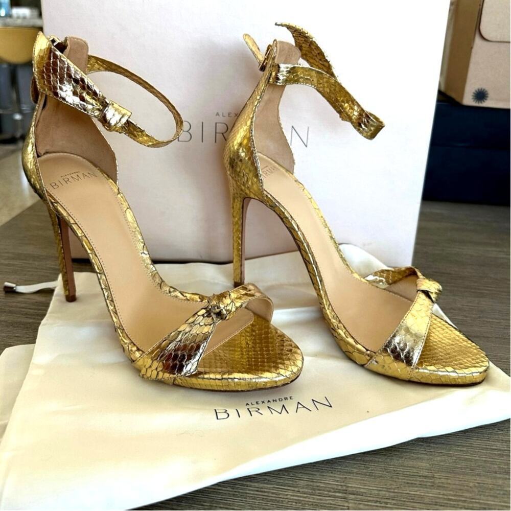Alexandre Birman Metallic Gold Clarita Python Ankle Wrap Sandals Size 36.5